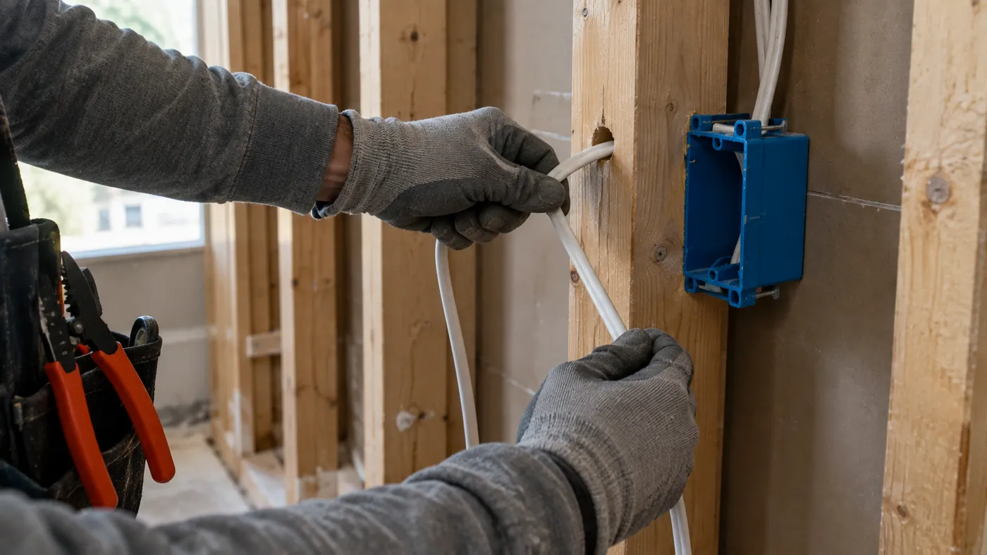 Gloved hands pulling electrical cable through a hole in a wall stud beside a new blue outlet box