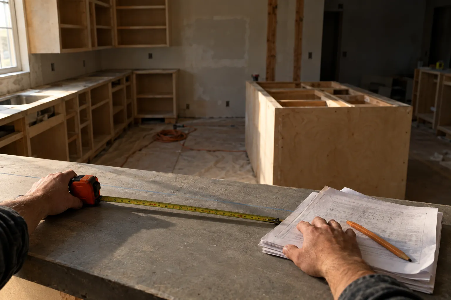 A kitchen mid renovation, bare cabinet boxes and a framed island, with a tape measure and a stack of plans on the counter